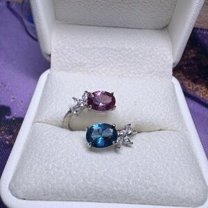 Silver Ring with Blue Topaz and Pink Gemstones